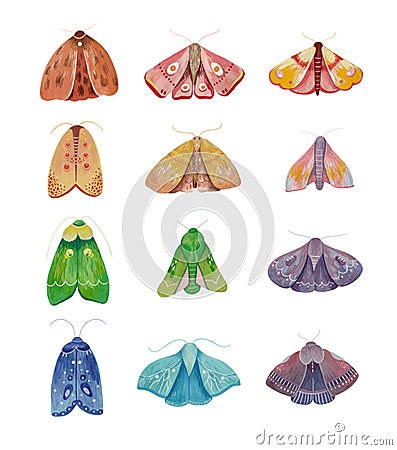 Magic night moth set. Bright mystical cute butterfly clip art Stock Photo