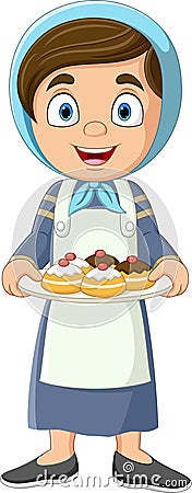 Jewish woman carrying hanukkah sufganiyot Vector Illustration