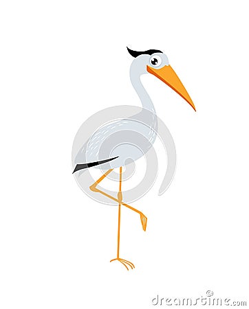 Print. Cute cartoon heron. Stork. Vector Illustration