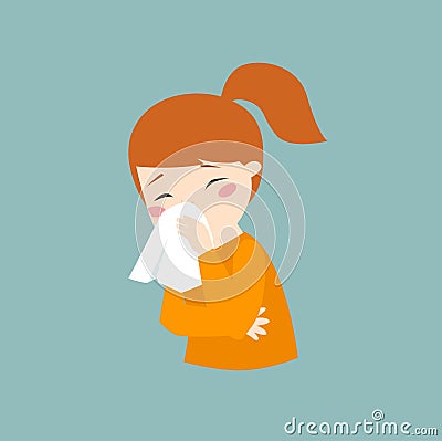 Print. The girl is sick icon. The girl blows her nose into a handkerchief. Headache, cold, runny nose. The child got sick. Quarant Vector Illustration