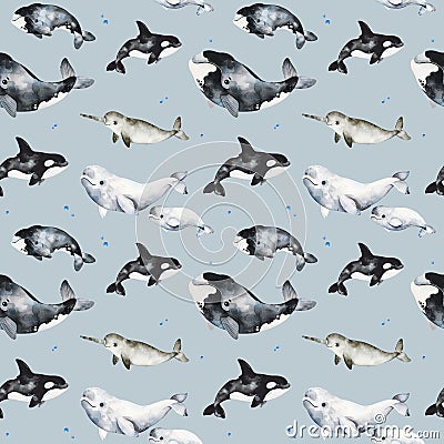 Watercolor seamless winter background with whales Stock Photo