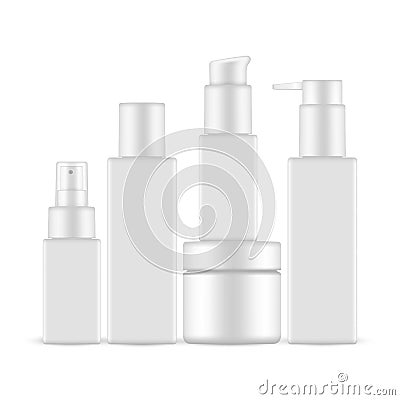 Plastic Rectangular Cosmetic Bottles Set, Pump, Spray and Jar Vector Illustration