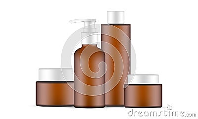 Amber Pump, Shampoo Bottles and Jars, Isolated on White Background Vector Illustration