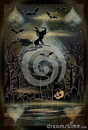 Happy Halloween poker spades card, skull, cemetery and witch Vector Illustration