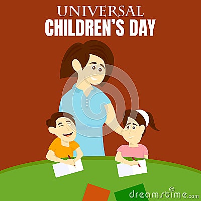 illustration vector graphic of mother is accompanying her two children studying at the table Vector Illustration