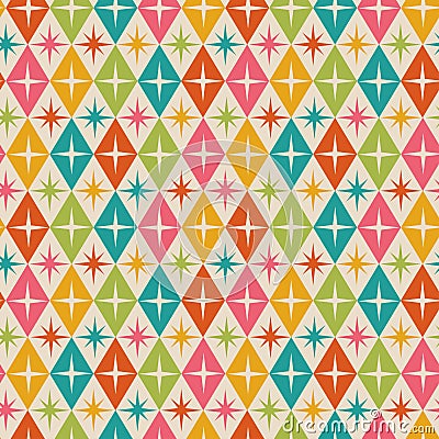 Mid century modern atomic starburst on retro diamond shapes seamless pattern in teal, green, orange, pink and yellow. Vector Illustration