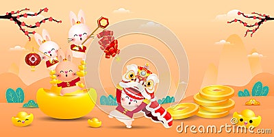 Happy Chinese new year 2023 concept cute rabbit with lion dance and chinese gold ingots, year of the rabbit zodiac, gong xi fa cai Vector Illustration
