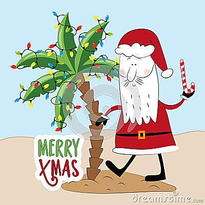 Merry Xmas - funny greeting with Santa Claus in island and palm tree with christmas lights Vector Illustration