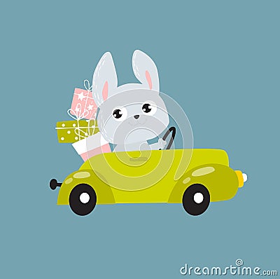 Print. A cute rabbit is carrying gifts by car. Cartoon hare. Delivery of gifts. Gifts for kids. Cute forest animal. cartoon charac Vector Illustration