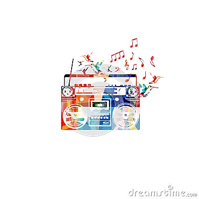 Retro style radio in rainbow colors isolated on white background. Vintage radio receiver with musical notes and hummingbirds. Vect Vector Illustration