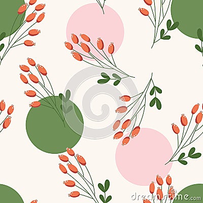 Festive cozy Christmas seamless pattern with rose hips and circles on a background. Vector Illustration