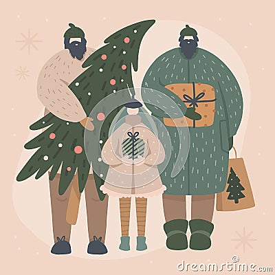 Homosexual male Parents with kids buying and holding Christmas tree and gifts Vector Illustration