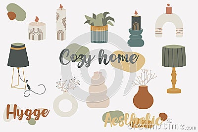 Cozy home decor set, hygge aesthetic home objects. Autumn home cozy elements Vector Illustration