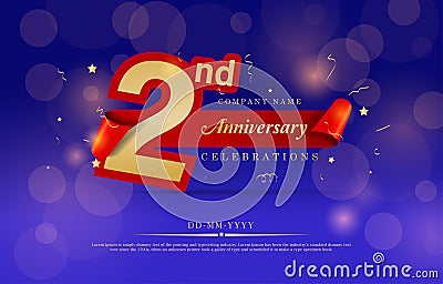 2nd Anniversary celebration. Celebrating years logo with confetti in Red Background.2 Stock Photo