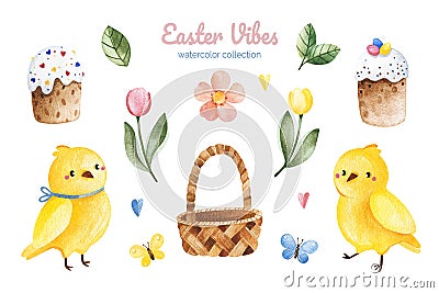 Watercolor Easter collection.Set with tulips,butterflies,cakes,backet and cute chickens.Perfect for frames,compositions,invitation Stock Photo
