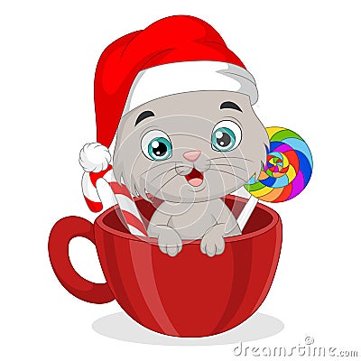 Cute cat cartoon inside red cup with candies Vector Illustration