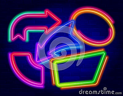 Set of abstract neon frames and arrows. Collection of abstract neon color borders. Vector Illustration