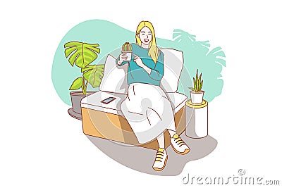 Young Asian woman cares for indoor plant plants with care. Cartoon Illustration