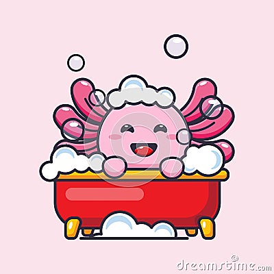 Cute axolotl taking bubble bath in bathtub cartoon mascot illustration. Vector Illustration