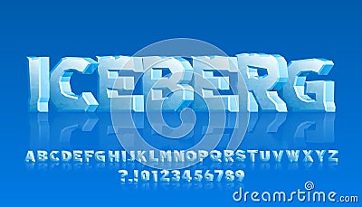 Iceberg alphabet font. 3D cartoon ice letters and numbers with reflections. Vector Illustration