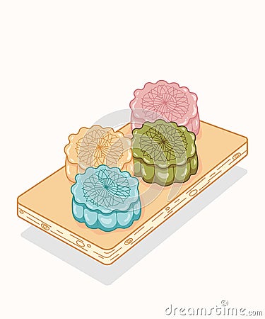 Mooncakes asian sweets. Mid autumn festival food Vector Illustration