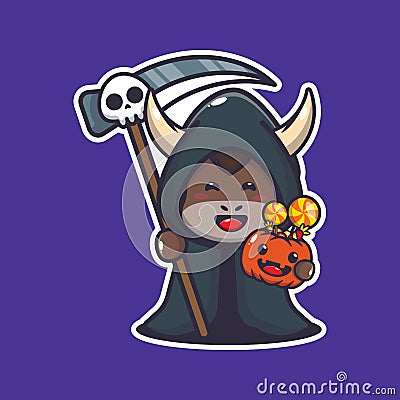 Grim reaper bull holding scythe and halloween pumpkin Vector Illustration