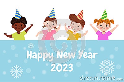 Happy new year 2023, Colorful Merry Christmas kids background, happy children with party HNY, banner Template for advertising Vector Illustration