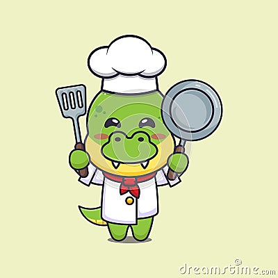 Cute chef dino mascot cartoon character. Vector Illustration