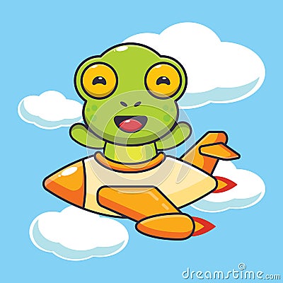 Cute frog mascot cartoon character ride on plane jet. Vector Illustration