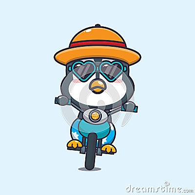 Cool penguin with sunglasses riding a motocycle in summer day. Vector Illustration