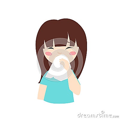 Print. The girl is sick icon. The girl blows her nose into a handkerchief. Headache, cold, runny nose. The child got sick. Quarant Vector Illustration