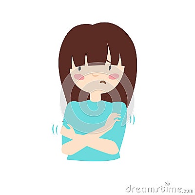 Print. The girl is sick icon. The girl is freezing. The girl is trembling. Colds, fever. Disease symptoms. Quarantine. The child g Vector Illustration