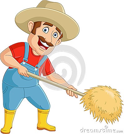 Cartoon farmer collecting hay with pitchfork Vector Illustration