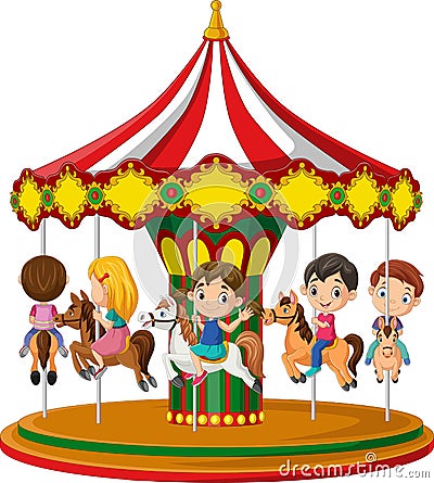 Cartoon little children on the carousel with horses Vector Illustration