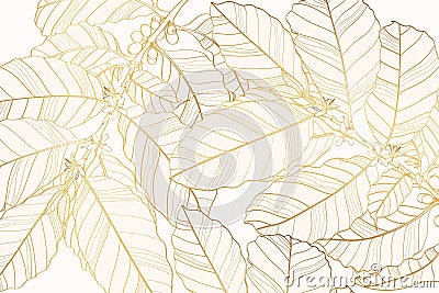 Luxury wallpaper design with golden coffee branches and natural background. Cartoon Illustration