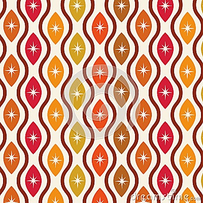 Mid century modern atomic starburst seamless pattern on ogee oval shapes in orange, red, brown, yellow and tangerine. Vector Illustration