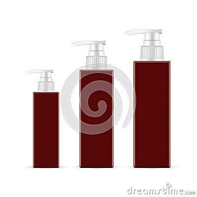Amber Rectangular Plastic Pump Bottles Mockup. Cosmetics for Skin Care Vector Illustration