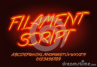 Filament Script alphabet font. Glowing neon letters and numbers. Vector Illustration