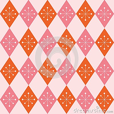 Mid century modern starbursts seamless pattern on pink and orange retro harlequin diamonds. Vector Illustration