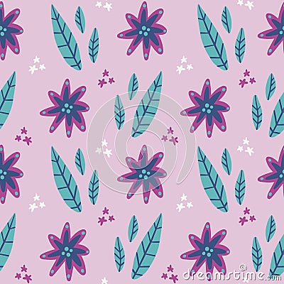 Tender hand drawn floral pettern on lilac background Vector Illustration