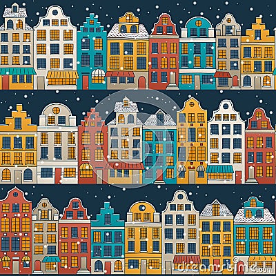 Vector seamless background with a winter European town. Hand drawn colorful houses with falling snow. Vector Illustration