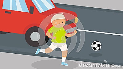 The boy ran out for the ball on the road along which the car was driving Vector Illustration