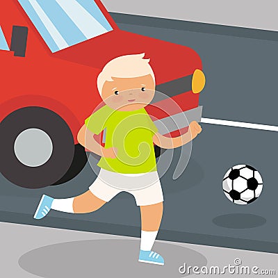 The boy ran out onto the road to get the ball, risking being hit by a car. Vector Illustration