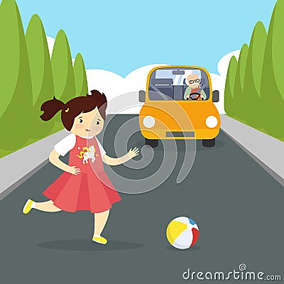 The girl ran for the ball on the road along which the car was driving Vector Illustration