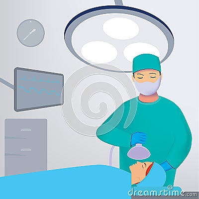 the anesthesiologist in the operating room makes anesthesia Vector Illustration