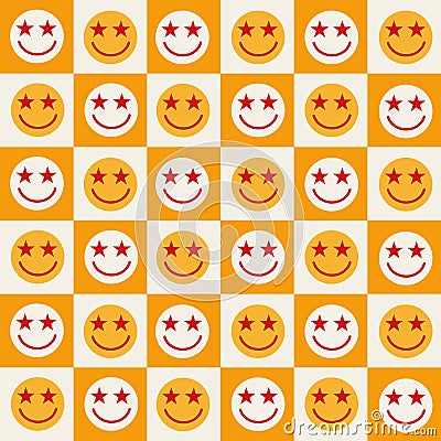 Checkered smiley faces with stars in their eyes on orange and white squares. Vector Illustration