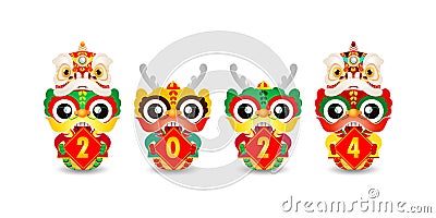 Happy Chinese new year with group little dragon holding sign 2024 , gong xi fa cai Vector Illustration