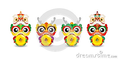 Happy Chinese new year 2024 and group little dragon holding coins of gold, gong xi fa cai Vector Illustration