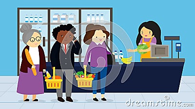 Cashier and customers in the supermarket. Vector Illustration