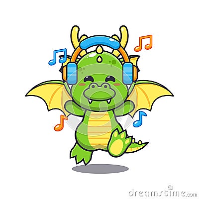 Cute dragon listening music with headphone cartoon vector illustration. Vector Illustration